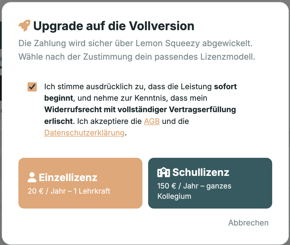 Upgrade-Modal mit Lizenzauswahl